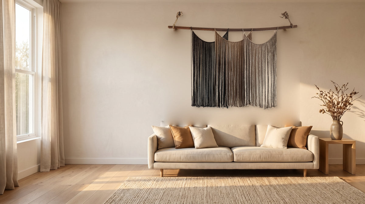 Suspenso Terra, a large handmade macramé wall hanging by Nyra Atelier, above a linen sofa in a sunlit living room (AI-assisted setting, real piece)