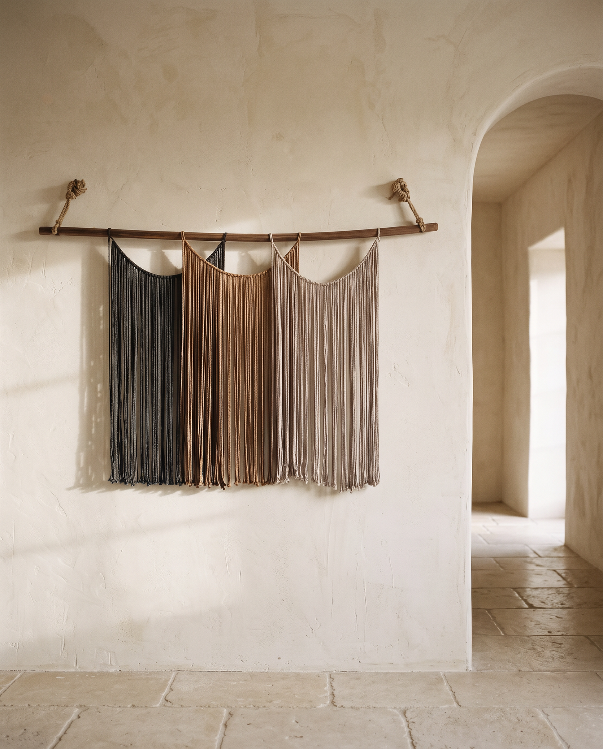 Suspenso Terra, large handmade macramé wall hanging by Nyra Atelier in charcoal, caramel and taupe, on a lime-plaster wall beside an arched doorway (AI setting, real piece)