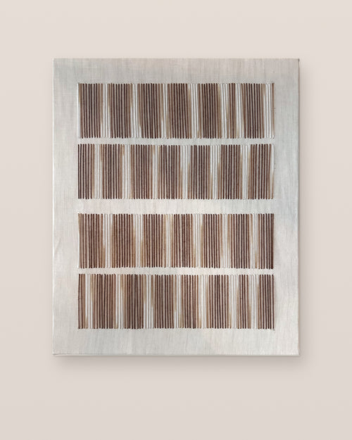 Andante by Nyra Atelier, handmade textile wall art hung vertically: four rows of short hand-stitched lines in chestnut, caramel and cream wool on a natural cotton-and-wool canvas