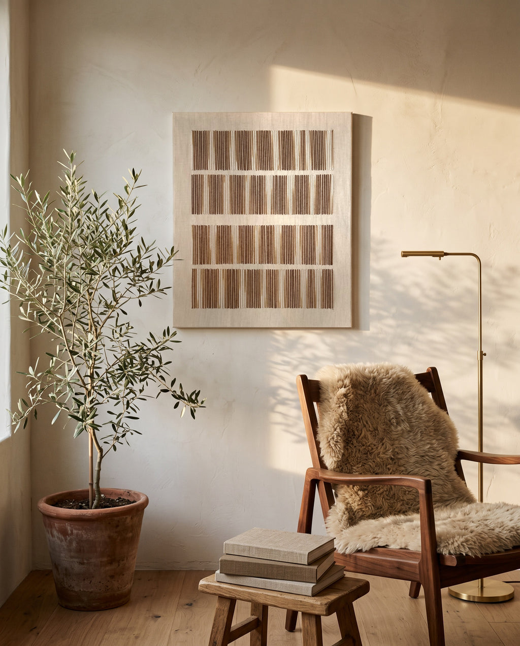 Andante, handgemachte Wandkunst aus Wolle von Nyra Atelier, vertikal aufgehängt in einer sonnigen Leseecke mit einem Olivenbaum, einem Holzstuhl mit Schaffell und einem Bücherstapel. KI-gestütztes Stimmungsbild: Die Umgebung ist illustrativ und die Leinwand ist unser echtes Produktfoto; die tatsächlichen Details des Stücks zeigen unsere echten Produktfotos.