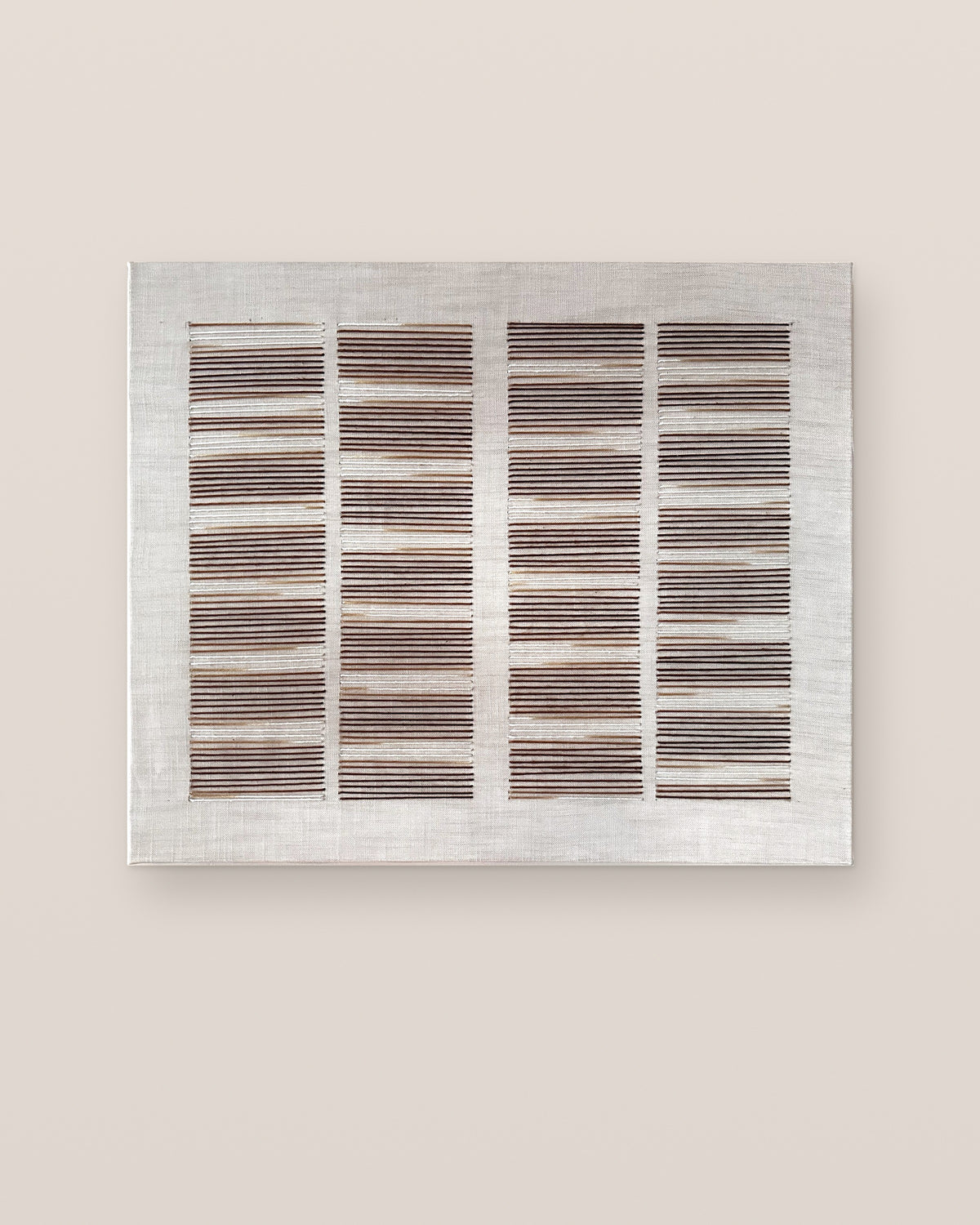 Andante by Nyra Atelier hung horizontally: rows of hand-stitched chestnut, caramel and cream wool lines on a natural canvas