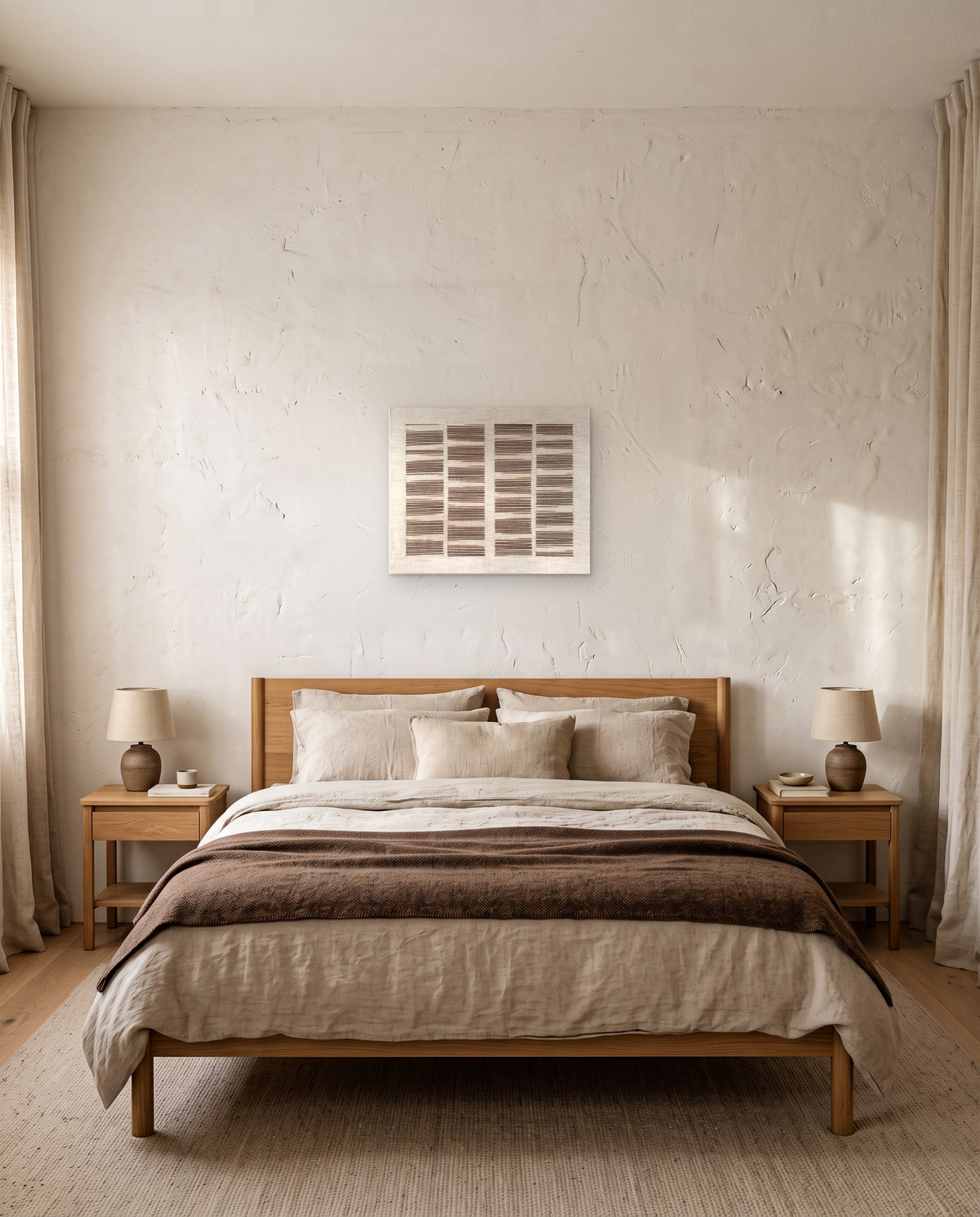 Andante, horizontal über einem Bett mit Leinenbettwäsche und zwei Keramiklampen. KI-gestütztes Stimmungsbild: Die Umgebung ist illustrativ und die Leinwand ist unser echtes Produktfoto; die tatsächlichen Details des Stücks zeigen unsere echten Produktfotos.