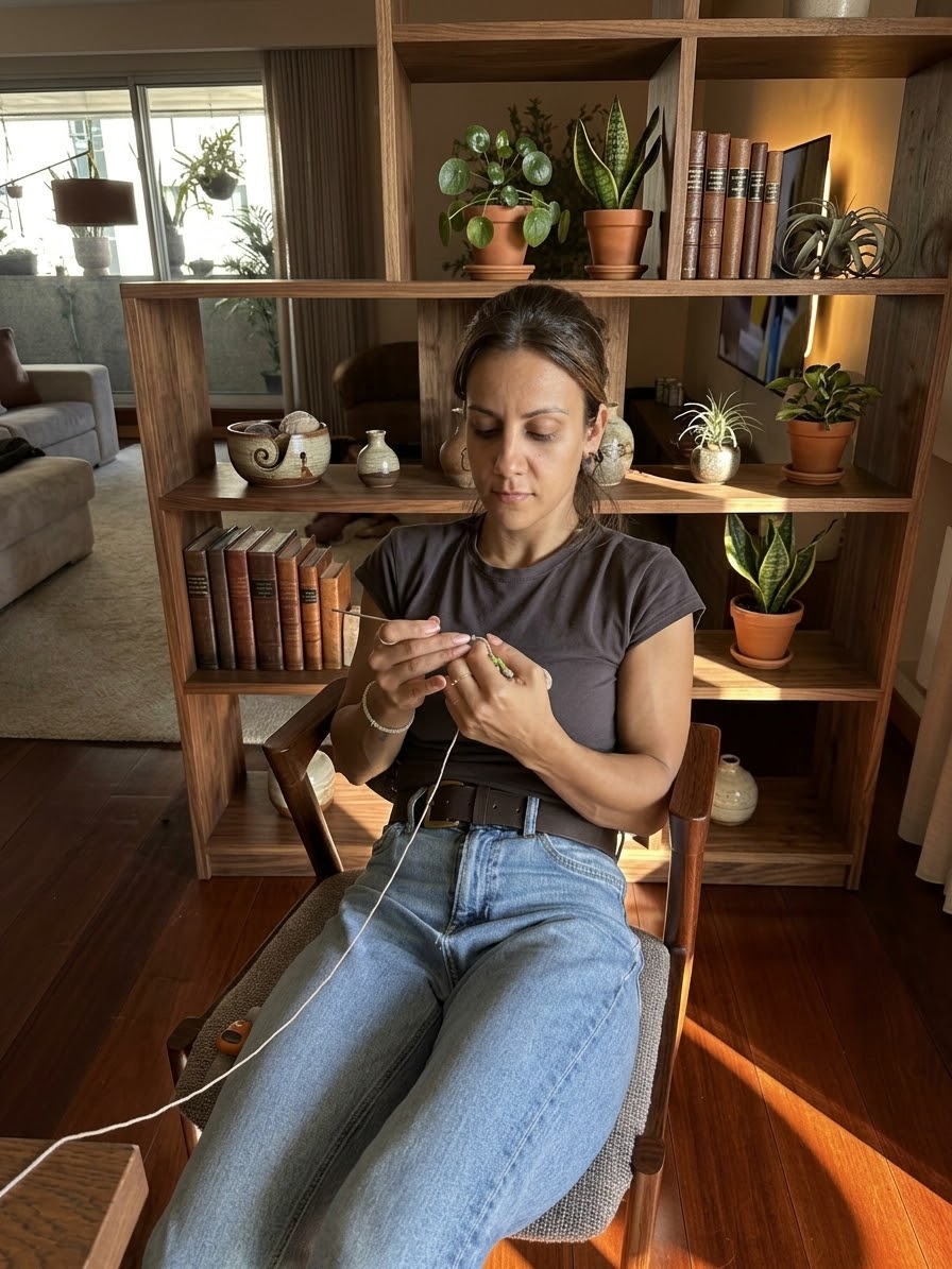 Sónia Bizarro, founder of Nyra Atelier, crocheting in a chair beside a wooden bookshelf