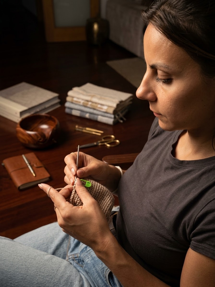 Close-up of Sónia Bizarro working a crochet piece in natural-toned yarn