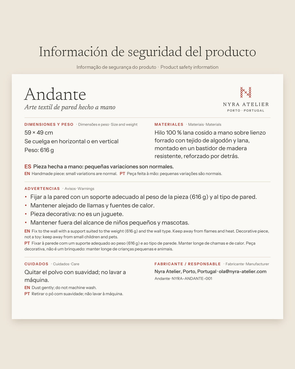 Product safety information for Andante by Nyra Atelier: size, weight, materials, warnings and care (in Spanish, with English and Portuguese)