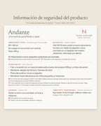 Product safety information for Andante by Nyra Atelier: size, weight, materials, warnings and care (in Spanish, with English and Portuguese)