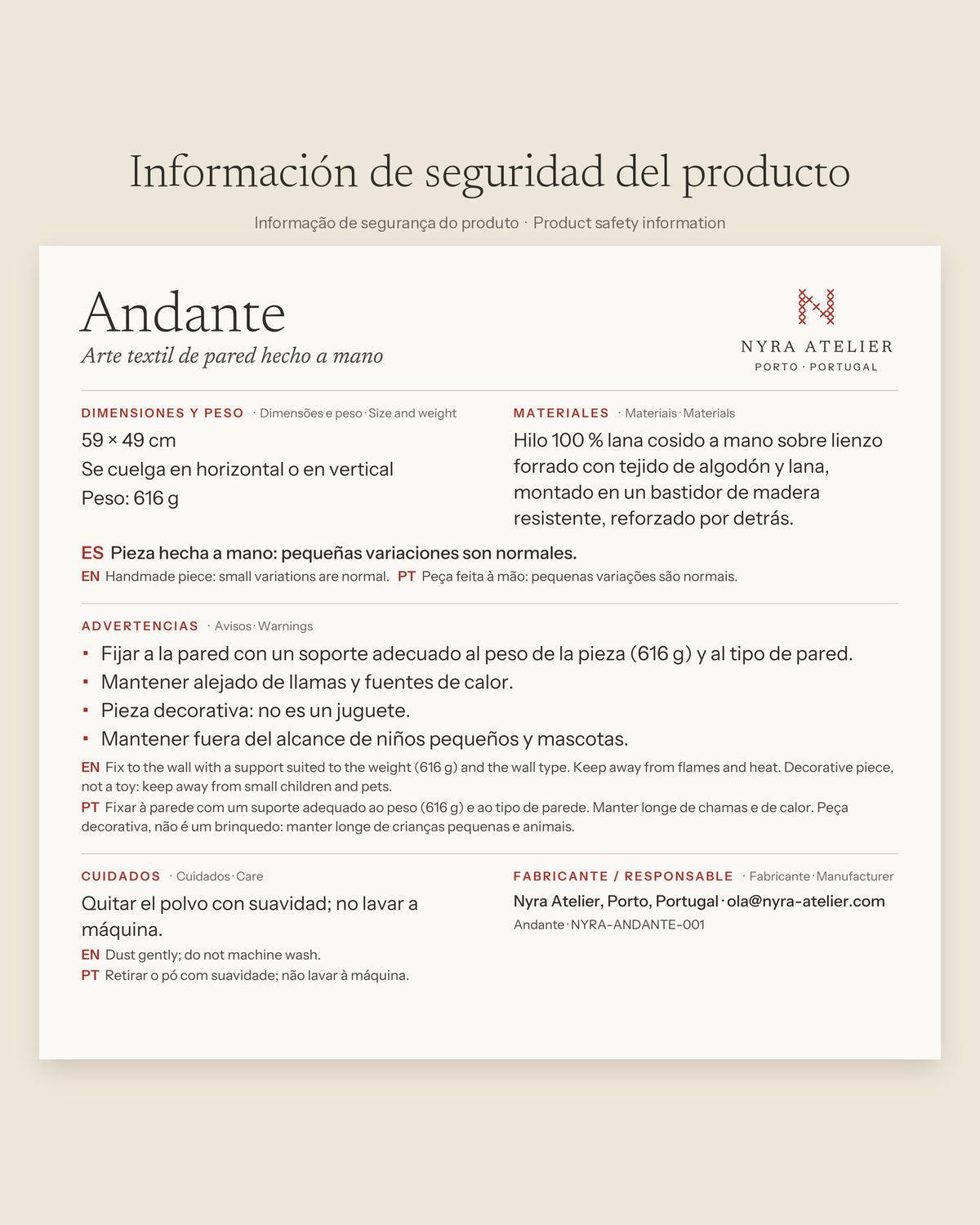 Product safety information for Andante by Nyra Atelier: size, weight, materials, warnings and care (in Spanish, with English and Portuguese)