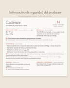 Product safety information for Cadence by Nyra Atelier: size, weight, materials, warnings and care (in Spanish, with English and Portuguese)