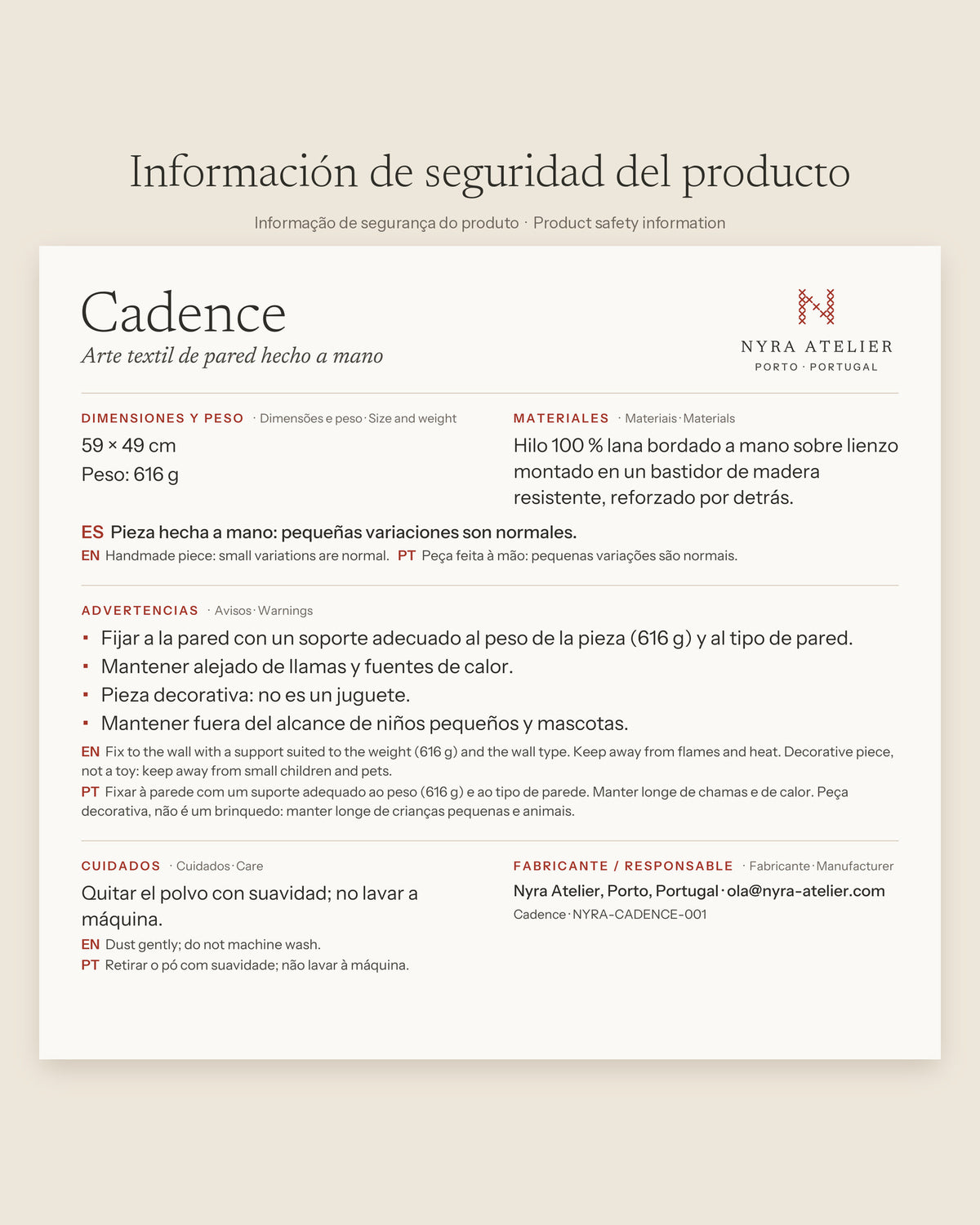 Product safety information for Cadence by Nyra Atelier: size, weight, materials, warnings and care (in Spanish, with English and Portuguese)