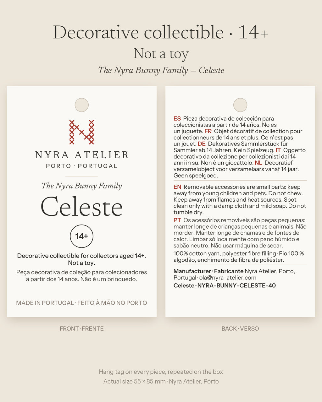 Hang tag of Celeste by Nyra Atelier: decorative collectible for collectors aged 14+, not a toy, with materials and care
