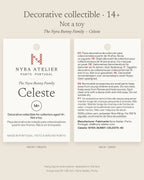 Hang tag of Celeste by Nyra Atelier: decorative collectible for collectors aged 14+, not a toy, with materials and care