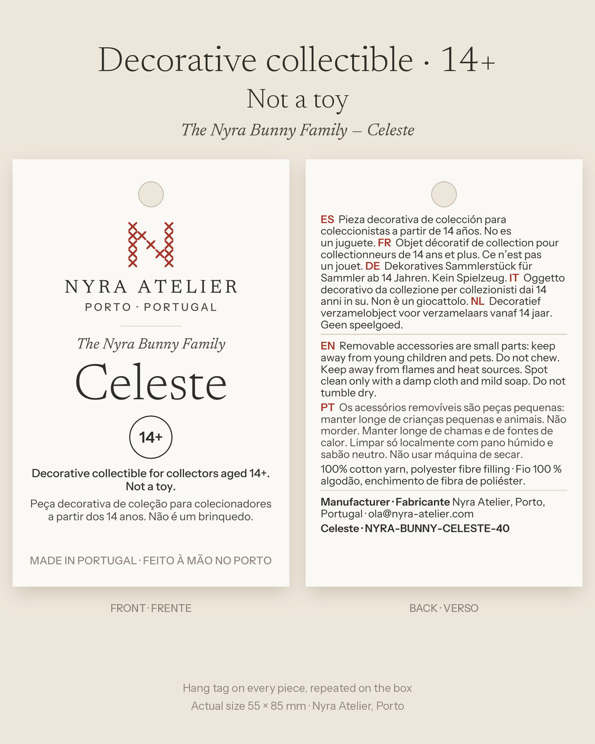 Hang tag of Celeste by Nyra Atelier: decorative collectible for collectors aged 14+, not a toy, with materials and care