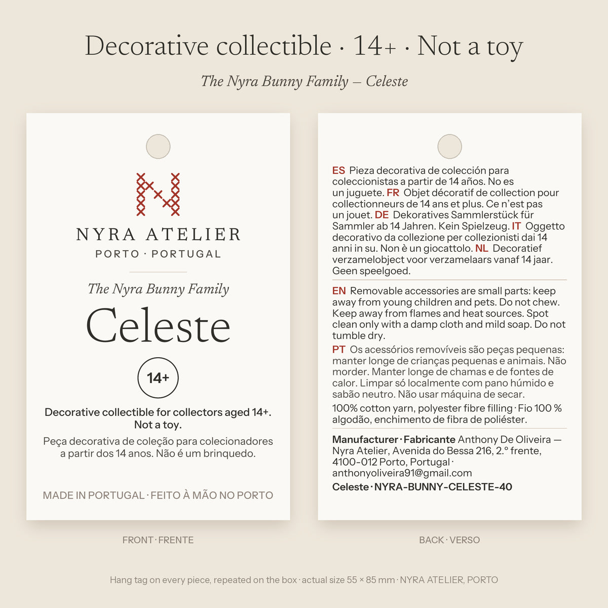 Hängeetikett von Celeste, Nyra Atelier: dekoratives Sammlerstück für Sammler ab 14 Jahren, kein Spielzeug; Materialien, Pflege und Herstellerangaben