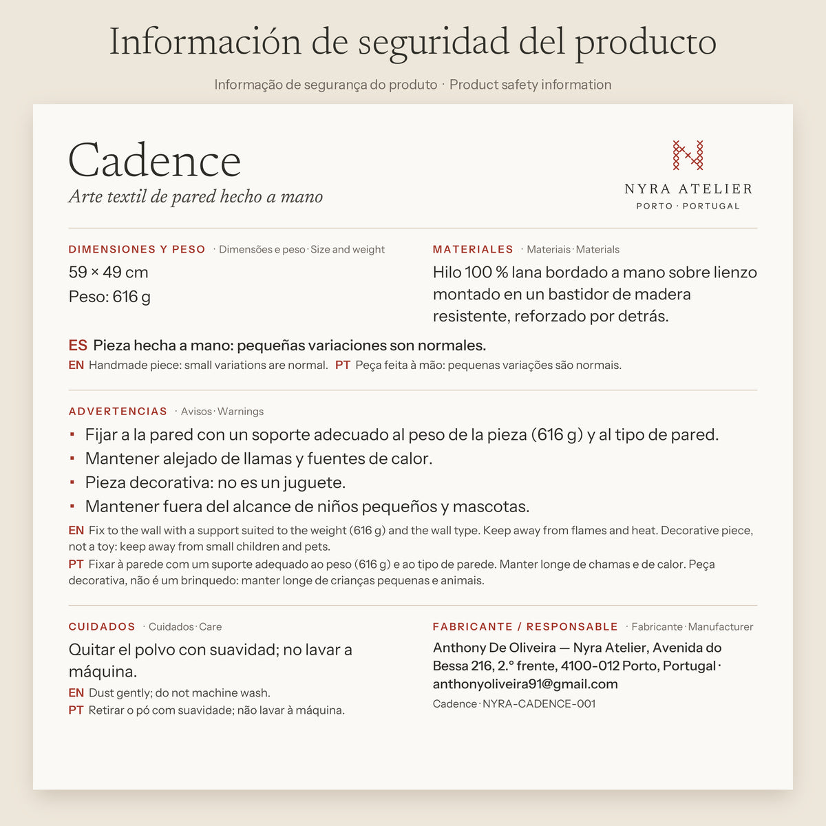 Product safety information label – Cadence (Spanish)