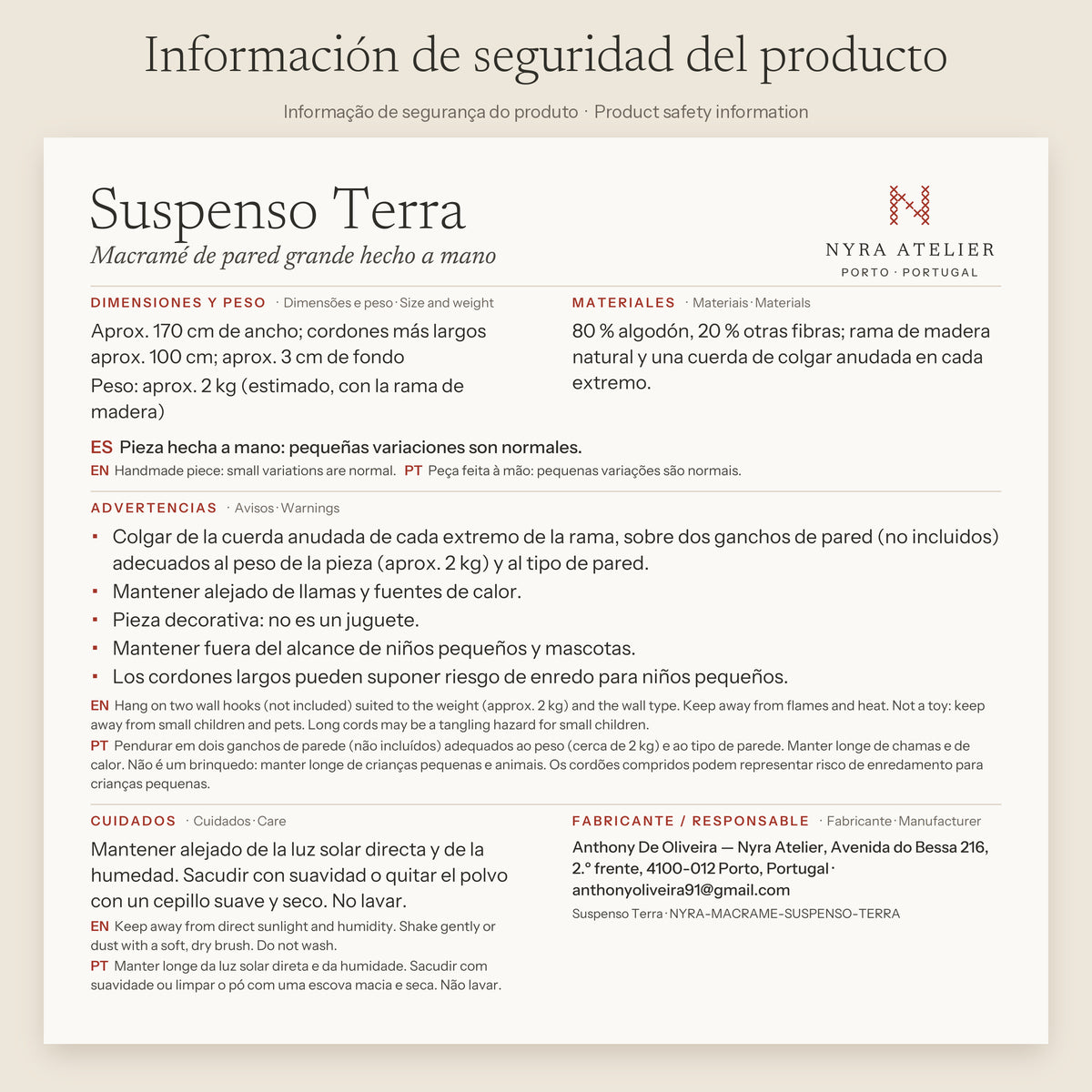 Product safety information label – Suspenso Terra (Spanish)