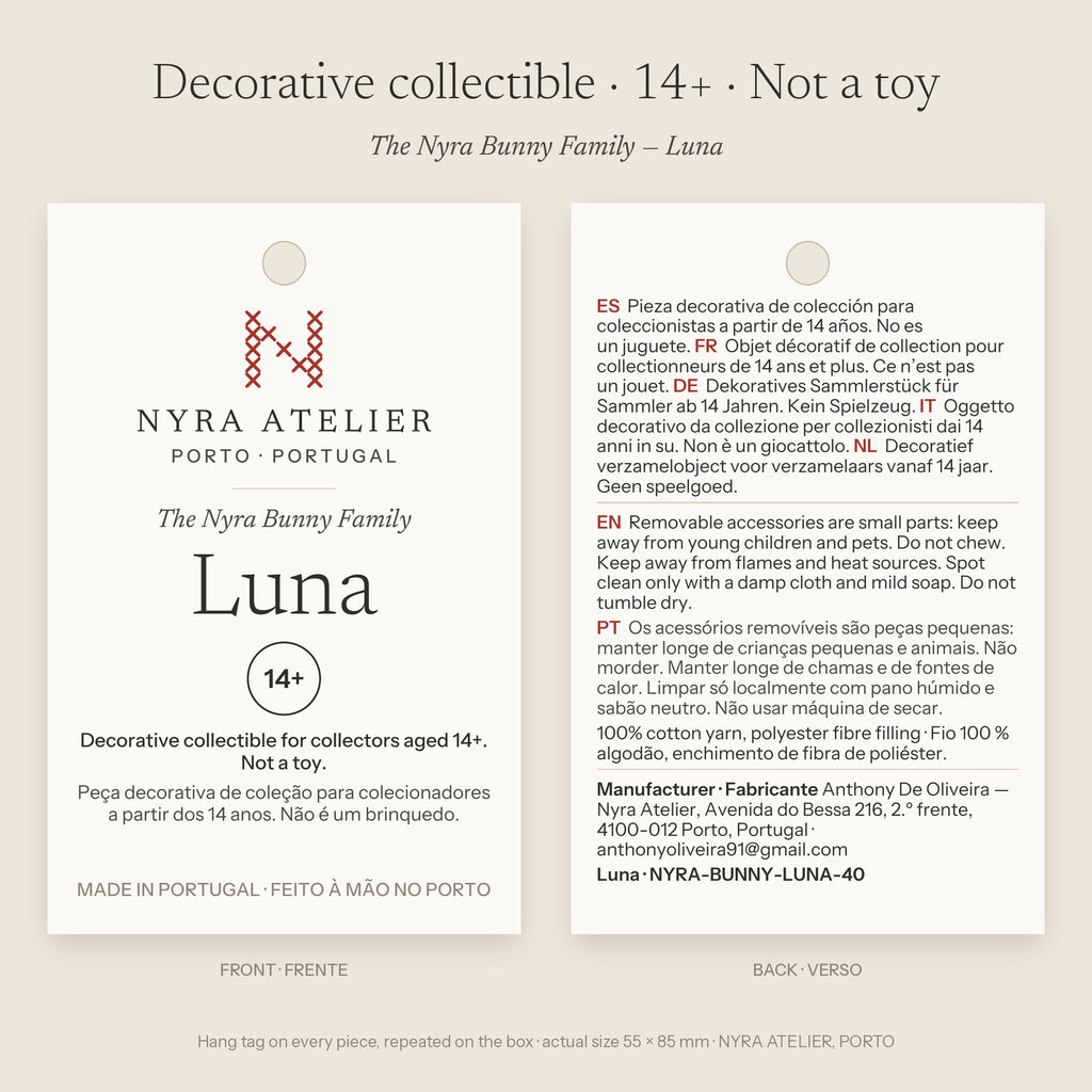 Hang tag of Luna by Nyra Atelier: decorative collectible for collectors aged 14+, not a toy; materials, care and maker details