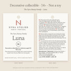 Hang tag of Luna by Nyra Atelier: decorative collectible for collectors aged 14+, not a toy; materials, care and maker details