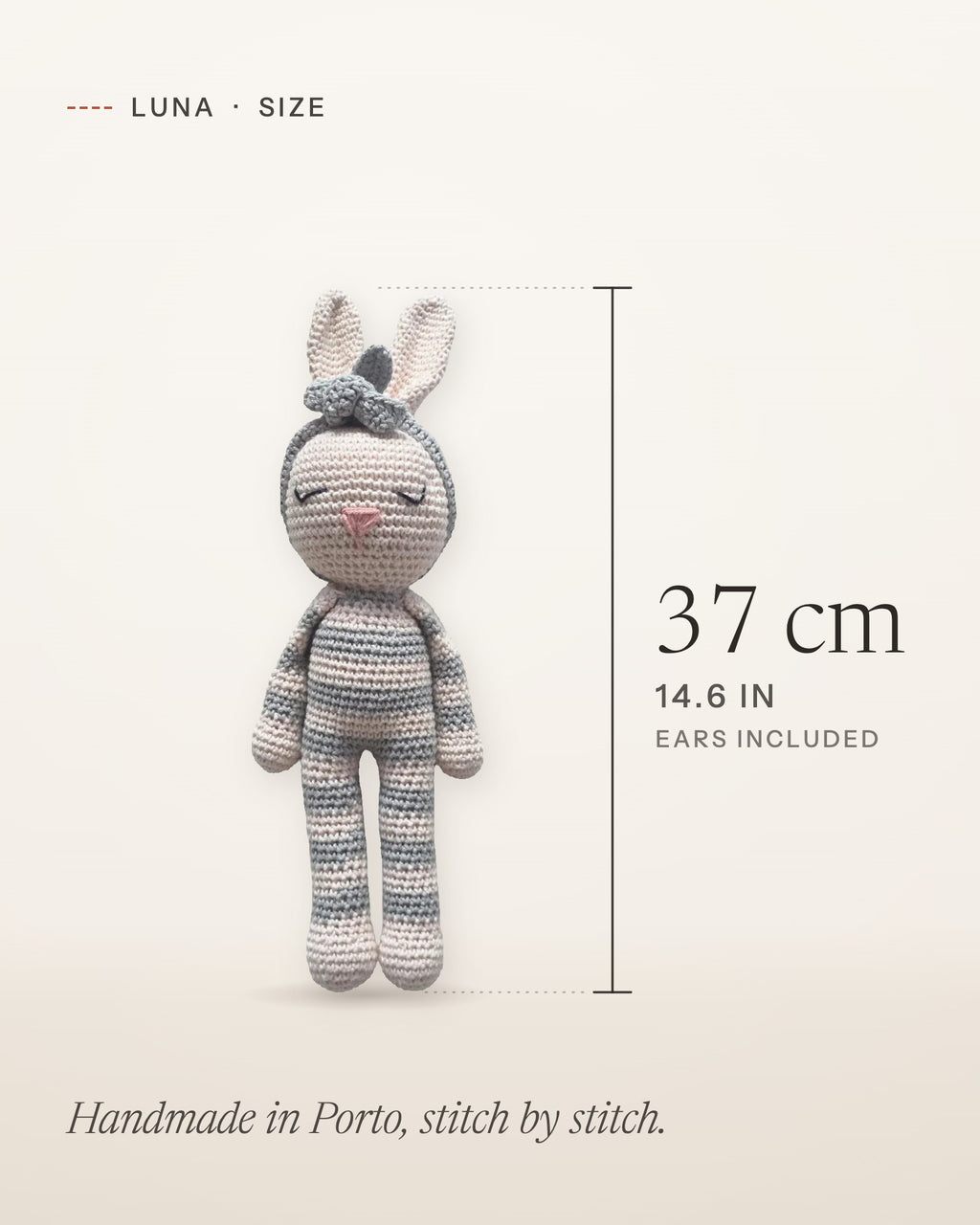 Size guide for Luna, handmade crochet bunny: about 37 cm (14.6 in) tall, ears included