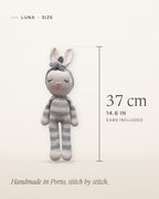 Size guide for Luna, handmade crochet bunny: about 37 cm (14.6 in) tall, ears included