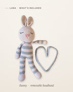 What’s included with Luna: the handmade crochet bunny and her removable grey headband, laid flat