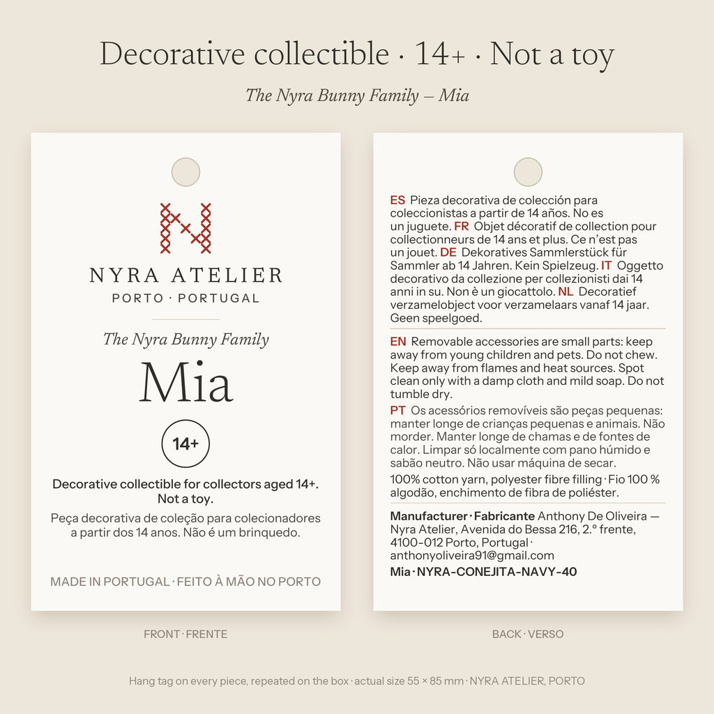 Hang tag of Mia by Nyra Atelier: decorative collectible for collectors aged 14+, not a toy; materials, care and maker details
