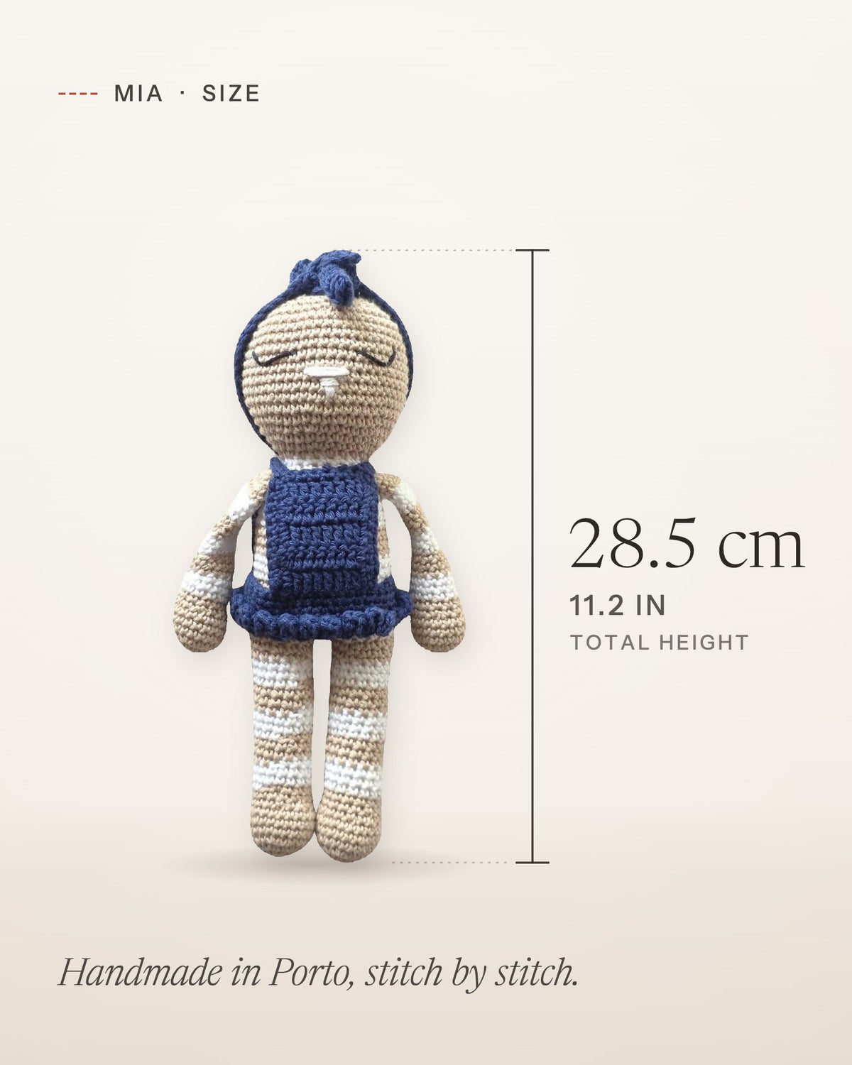Size guide for Mia, handmade crochet bunny: about 28.5 cm (11.2 in) tall