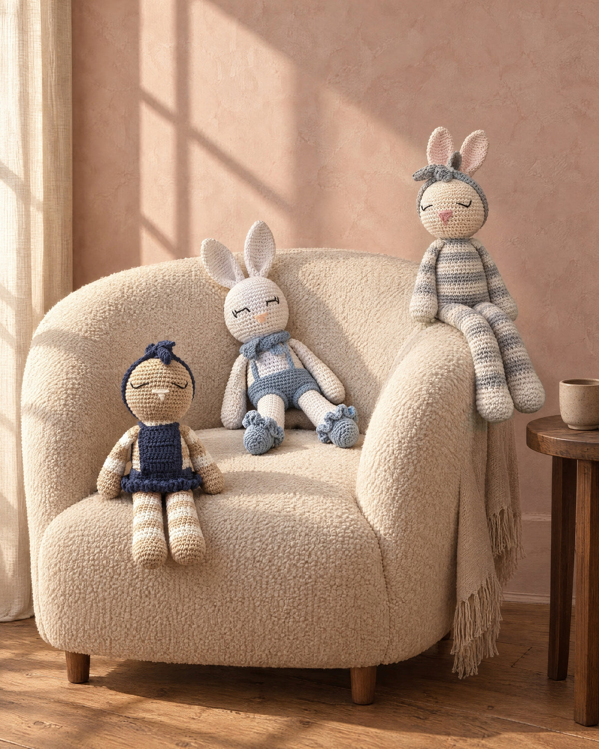 Three handmade crochet bunnies by Nyra Atelier (Mia, Theo and Luna) on a cream bouclé armchair against a dusty-rose plaster wall in warm window light