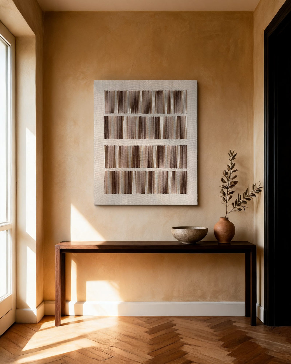 Andante von Nyra Atelier, handgefertigte Textilkunst für die Wand, 49 × 59 cm, mit vier Reihen handgestickter Wolllinien in Kastanie, Karamell und Creme auf Naturleinwand, über einer schmalen Nussbaumkonsole in einem warmen Eingangsbereich mit Kalkputz. Echtes Stück (KI-Szene)