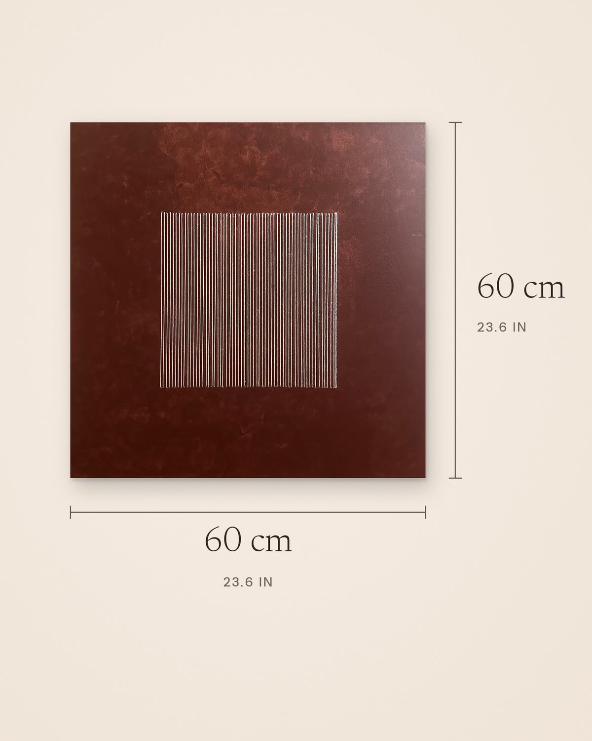 Size guide for Legato by Nyra Atelier: the square canvas measures 60 × 60 cm (23.6 × 23.6 in). Real photograph of the piece on a plain background.
