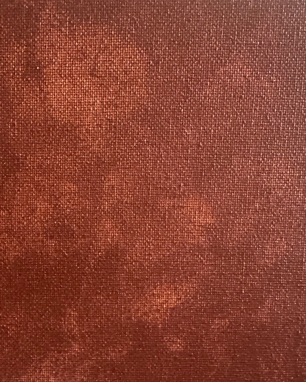 Close-up of Legato's hand-painted surface: cloudy layers of earth-red paint over the visible weave of the canvas. Real photograph.