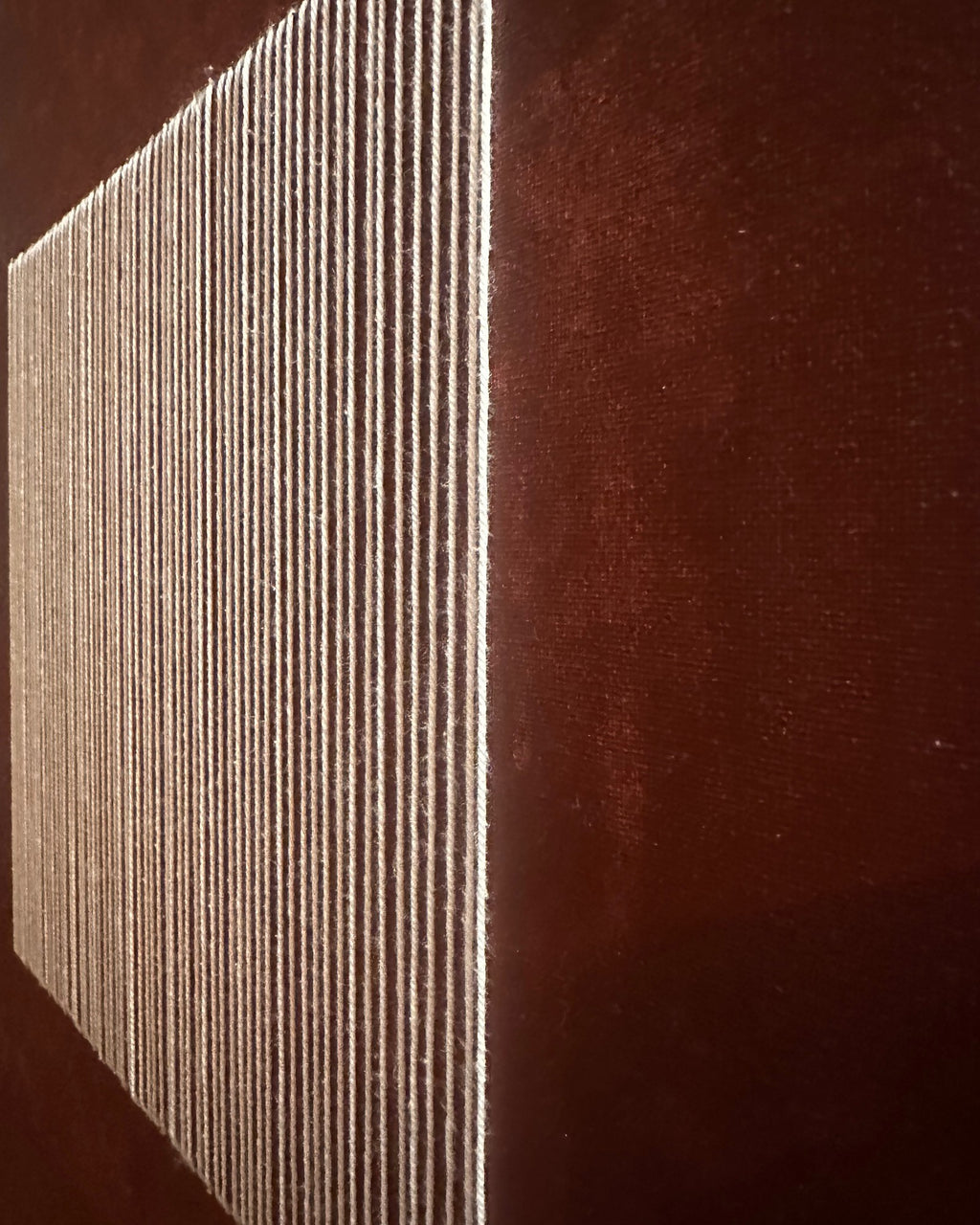 Legato seen from the side: the ivory thread lines, embroidered by hand, stand in relief above the painted canvas. Real photograph.