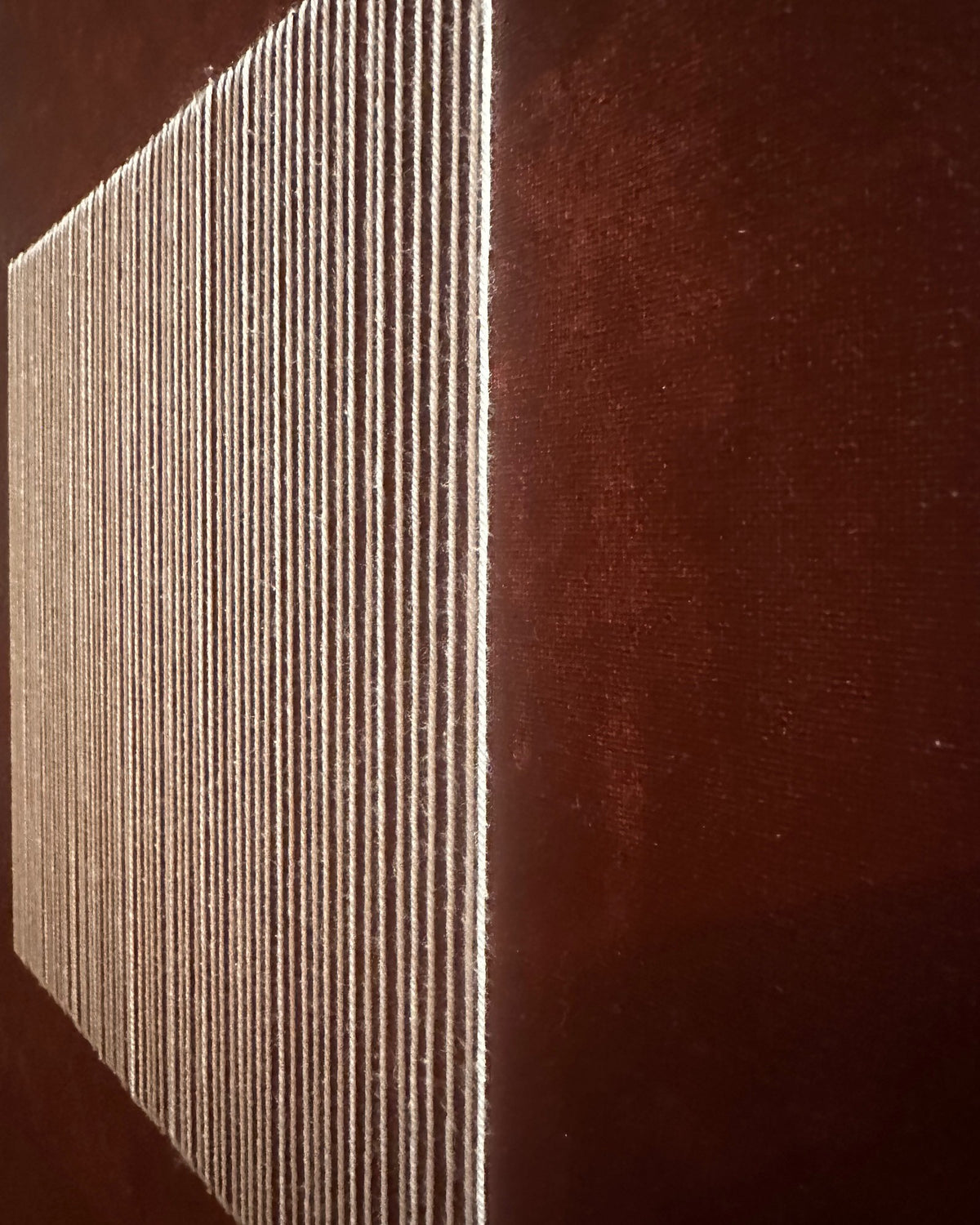 Legato seen from the side: the ivory thread lines, embroidered by hand, stand in relief above the painted canvas. Real photograph.