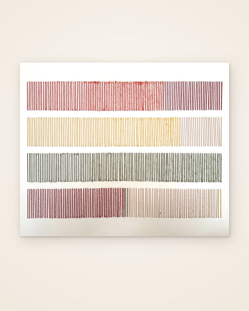 Cadence by Nyra Atelier, hand-embroidered textile wall art: four rows of wool stitches in red, mustard, olive green and blush on white canvas