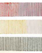 Close-up of Cadence: vertical wool stitches in red, mustard and olive green, embroidered by hand on canvas