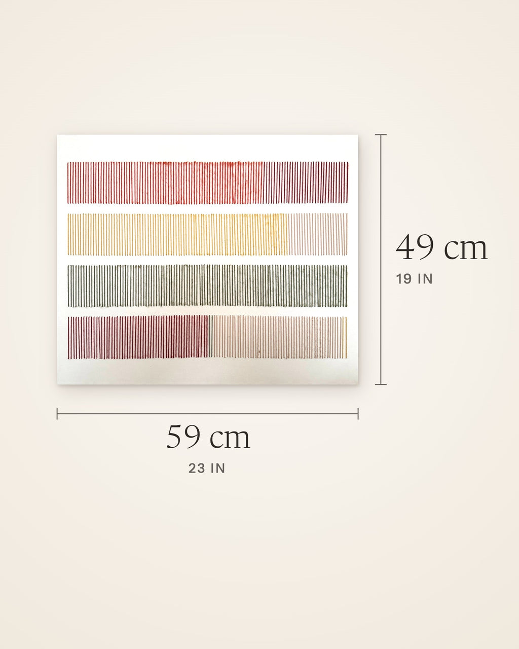Cadence textile wall art with its dimensions: 59 cm (23 in) wide and 49 cm (19 in) tall