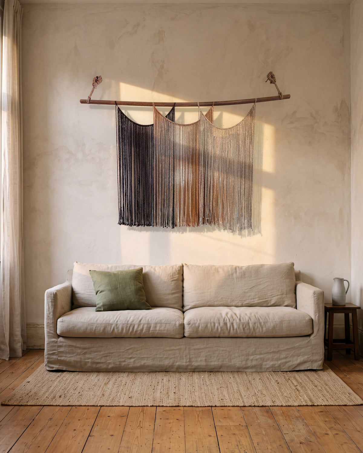 Suspenso Terra, large handmade macramé wall hanging by Nyra Atelier in charcoal, caramel and taupe, above a linen sofa in a plaster-walled room with window light on the wall