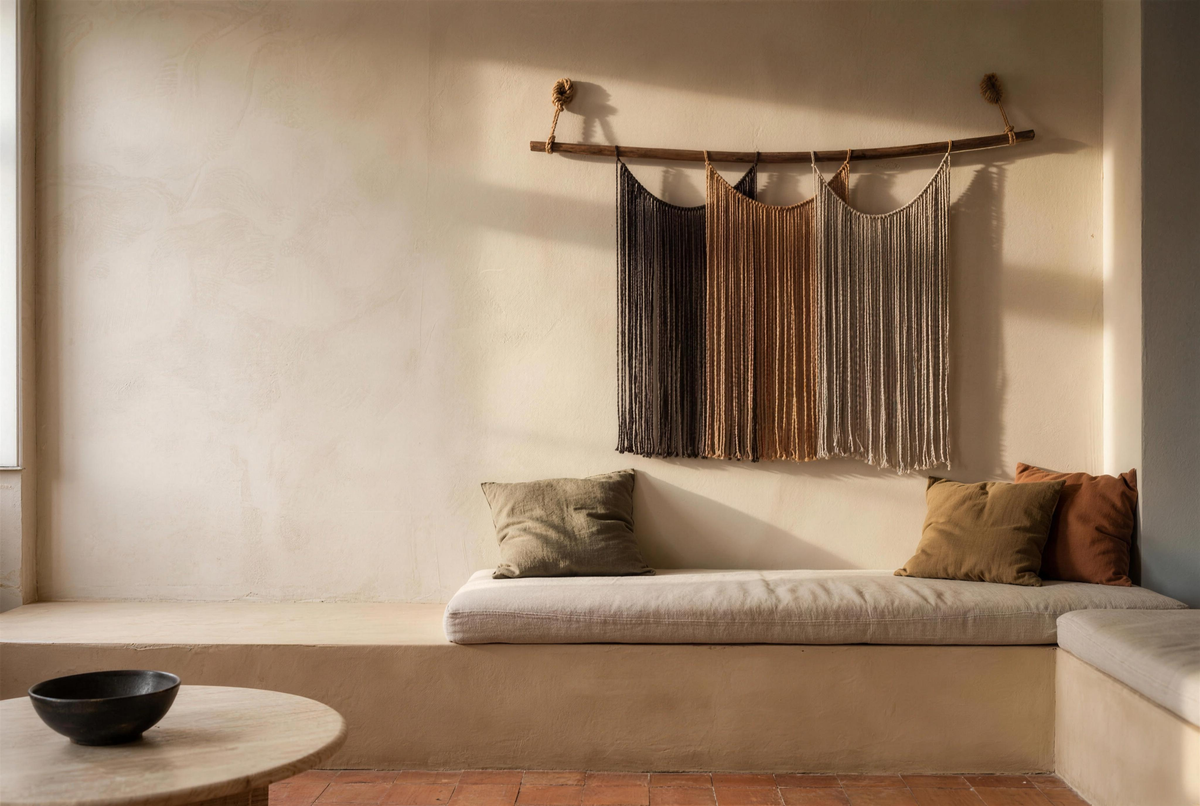 Suspenso Terra handmade macramé wall hanging above a lime-plaster banquette in raking afternoon sun (AI-assisted setting, the piece is real)