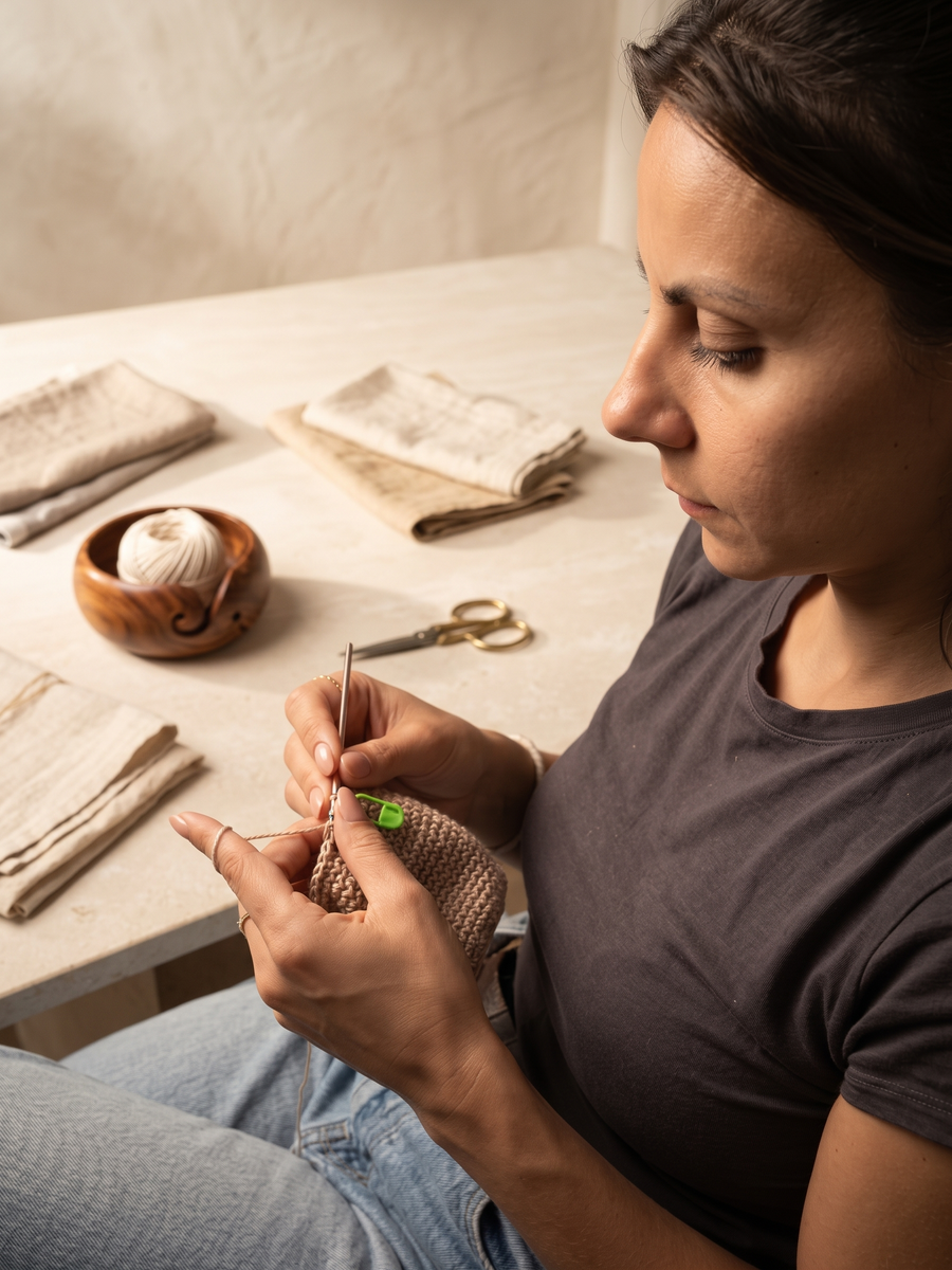 Sónia Bizarro crocheting at a table with linen cloths, a wooden yarn bowl and brass scissors