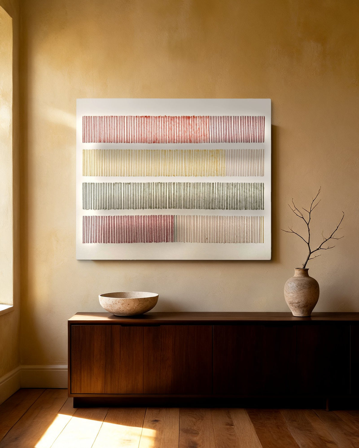 Cadence de Nyra Atelier, art textile brodé à la main sur toile, 59 × 49 cm, avec des rangées de points de laine rouge, moutarde, olive et rose, au-dessus d’un buffet bas en noyer dans un salon chaleureux aux murs à la chaux. Pièce réelle (décor IA)