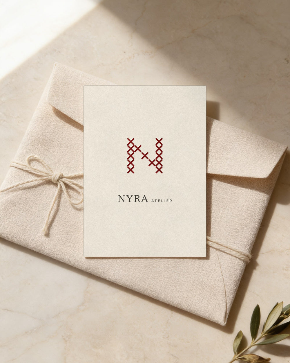 Carta regalo Nyra Atelier in carta di cotone avorio, con una N rossa a punto croce e caratteri sottili, su una busta di lino legata con spago di cotone, su travertino chiaro. (scena IA)
