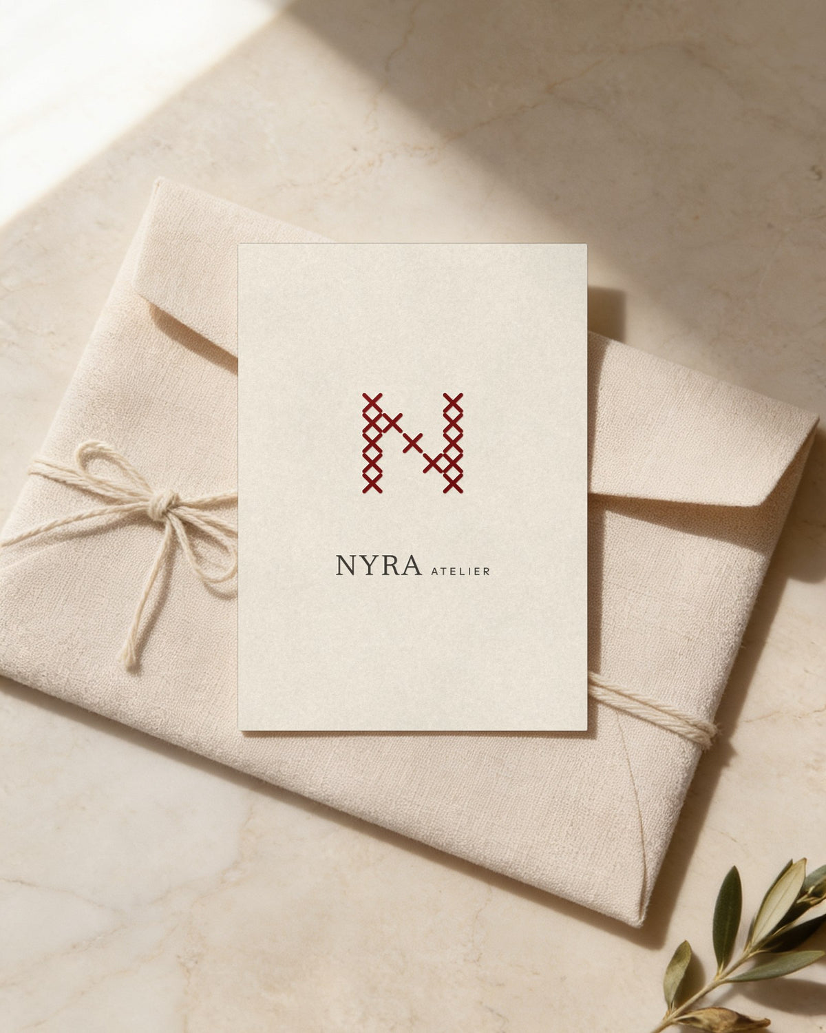 Carta regalo Nyra Atelier in carta di cotone avorio, con una N rossa a punto croce e caratteri sottili, su una busta di lino legata con spago di cotone, su travertino chiaro. (scena IA)