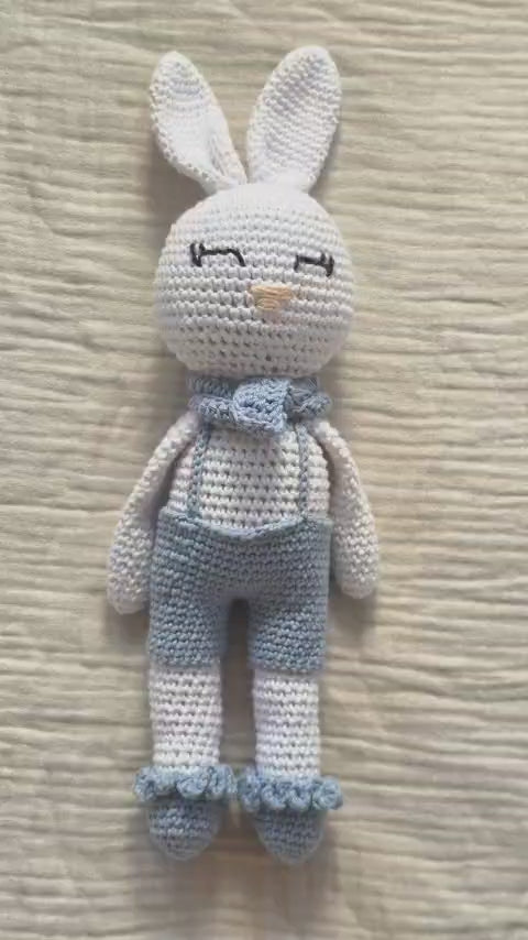 Video of Theo, the handmade crochet bunny, showing his light blue overalls, neck bow and ruffled socks