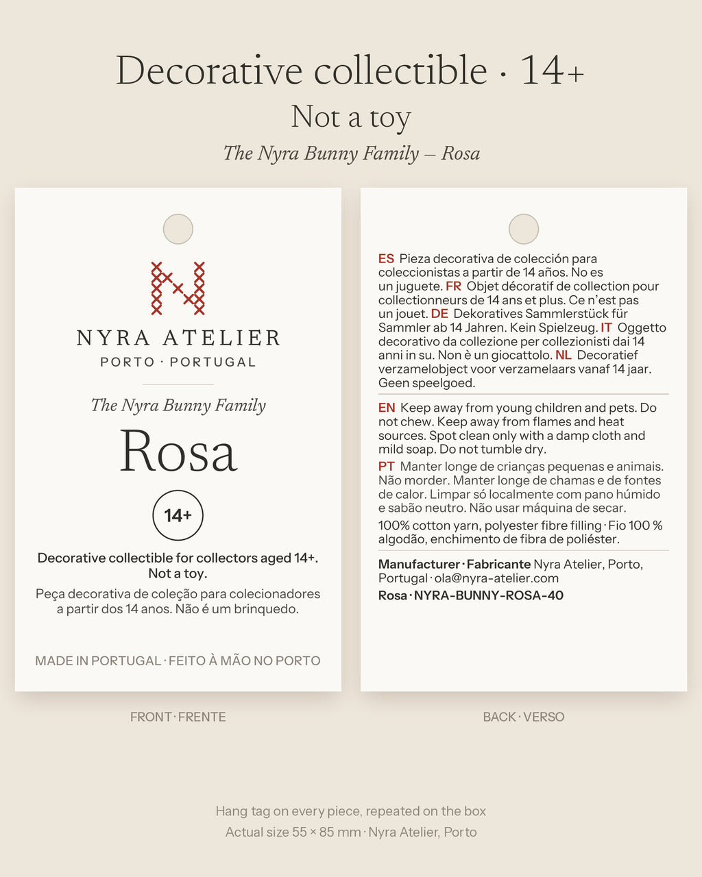 Hang tag of Rosa by Nyra Atelier: decorative collectible for collectors aged 14+, not a toy, with materials and care