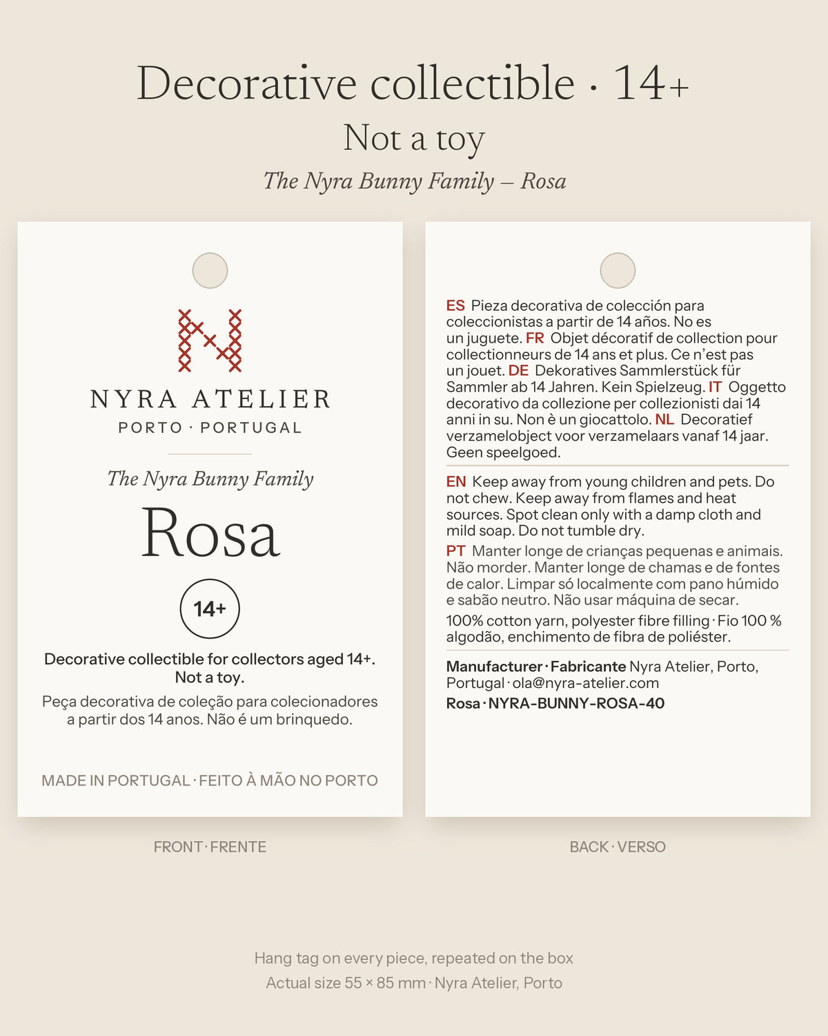 Hang tag of Rosa by Nyra Atelier: decorative collectible for collectors aged 14+, not a toy, with materials and care