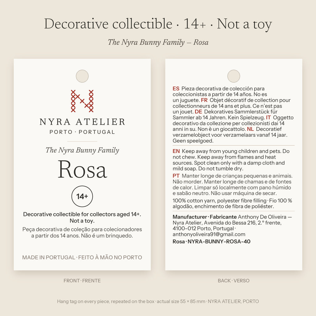 Hang tag of Rosa by Nyra Atelier: decorative collectible for collectors aged 14+, not a toy; materials, care and maker details