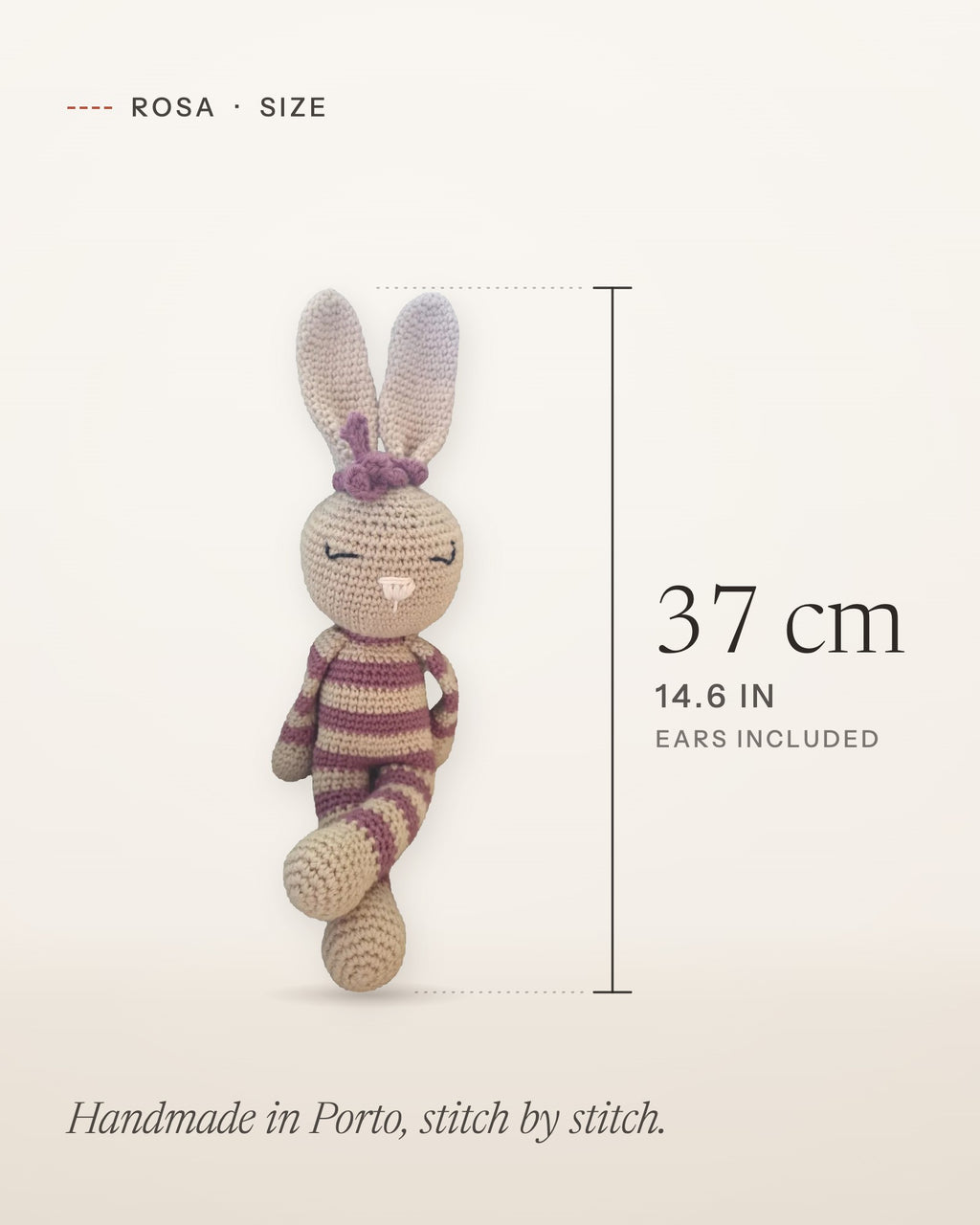 Size guide for Rosa, handmade crochet bunny: about 37 cm (14.6 in) tall, ears included