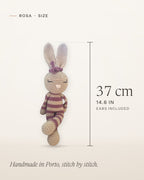 Size guide for Rosa, handmade crochet bunny: about 37 cm (14.6 in) tall, ears included