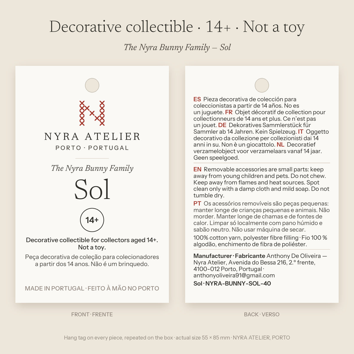 Hang tag of Sol by Nyra Atelier: decorative collectible for collectors aged 14+, not a toy; materials, care and maker details