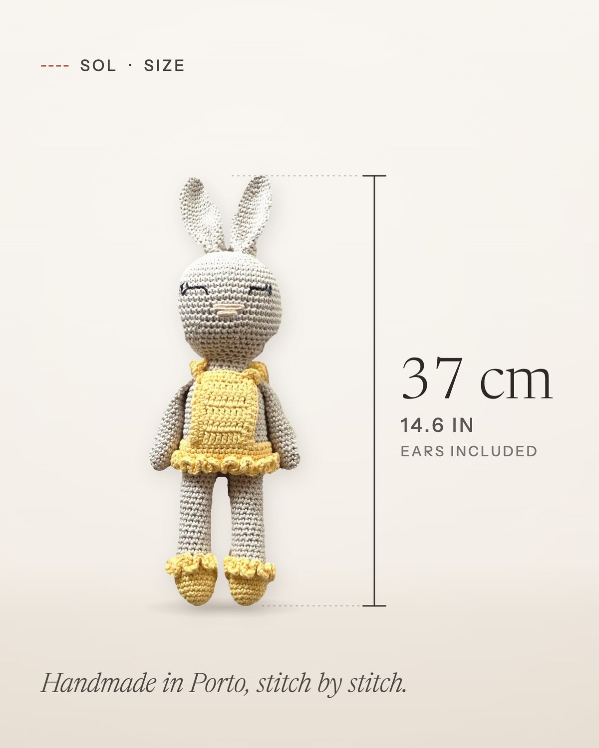 Size guide for Sol, handmade crochet bunny: about 37 cm (14.6 in) tall, ears included