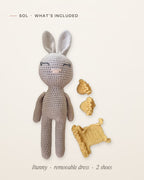 What’s included with Sol: the handmade crochet bunny, her removable yellow ruffled dress and two shoes, laid flat